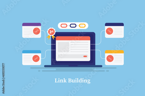Business website connected with multiple authority web pages, improving website visibility with link building strategy, SEO ranking concept, vector illustration.