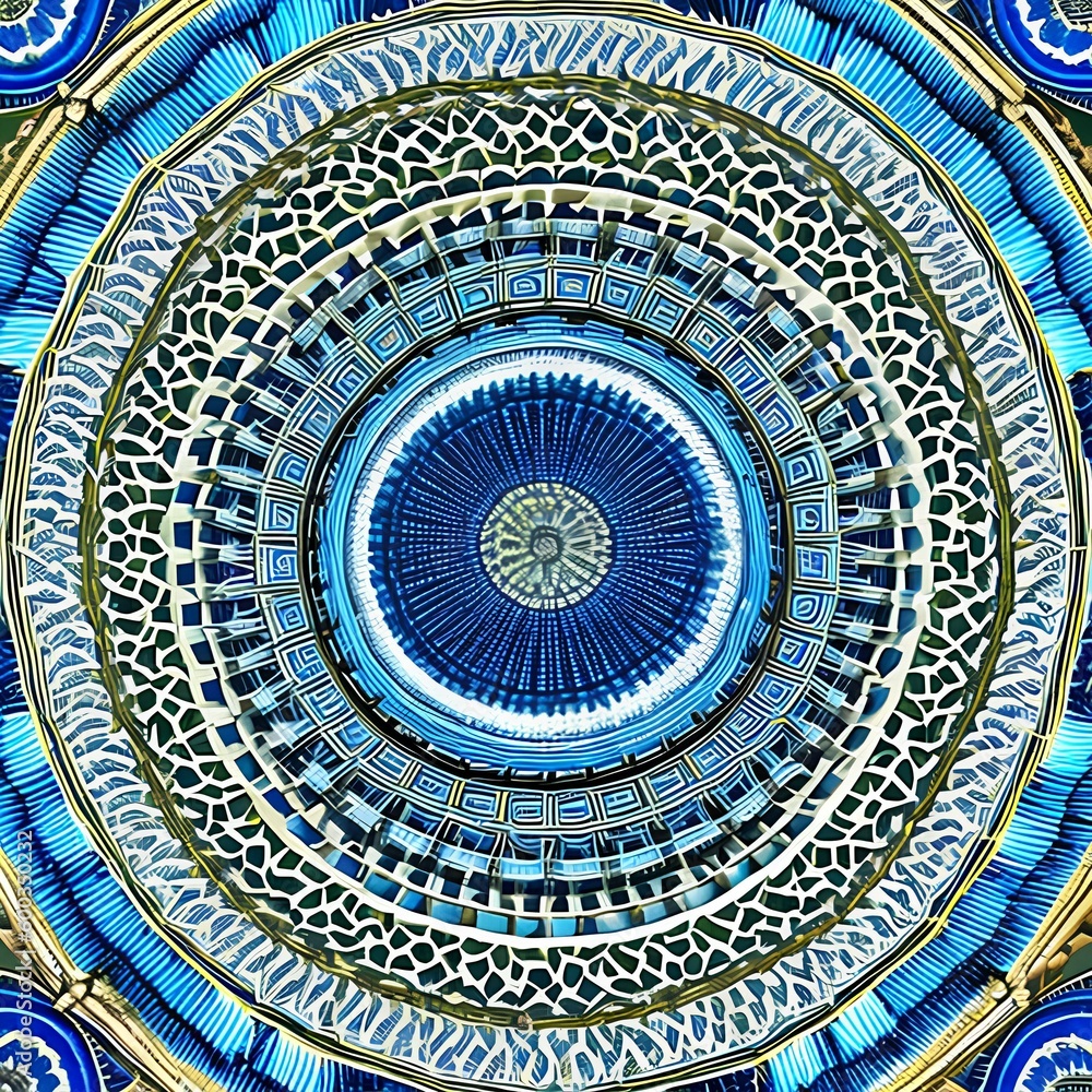 A circular design with intricate interlocking shapes in shades of blue and green4, Generative AI