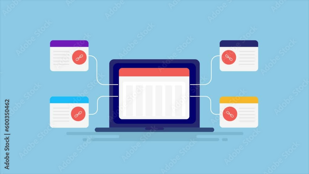 Business website linking with other authority web pages, increasing web traffic and search engine visibility laptop screen, SEO link building video animation. Business website linking with other authority web pages, increasing web traffic and search engine visibility laptop screen, SEO link building video animation.