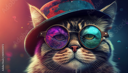A cute cat with a hat and colorful sunglasses, Generative AI