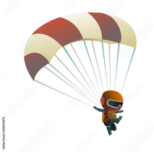 Skydiver flying down sky. Free float. Parachute opened. Cartoon style character. Isolated on white background. Vector picture
