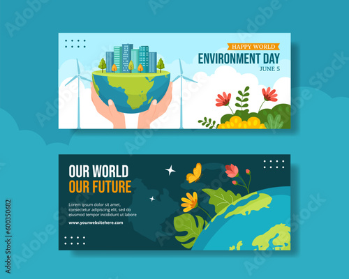 World Environment Day Horizontal Banner Cartoon Hand Drawn Templates Background Illustration