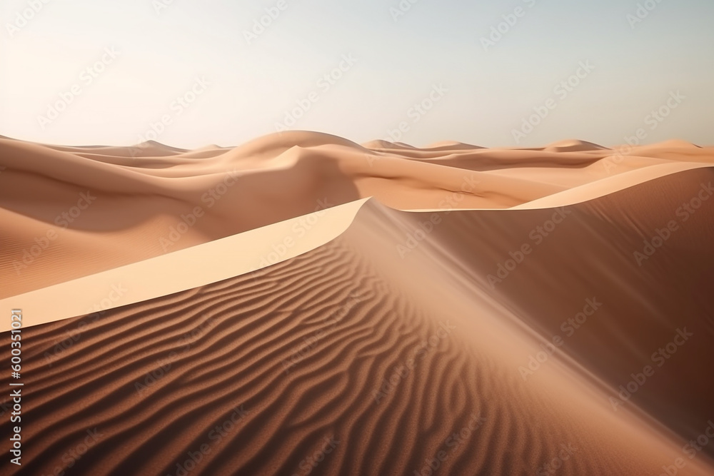 Nature concept. Abstract desert landscape with dunes and clear sky in background. Copy space. Generative AI