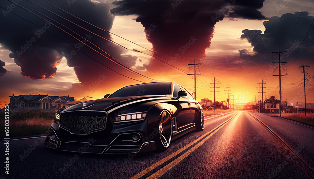 A black car is on the road with a sunset in the background, Generative AI