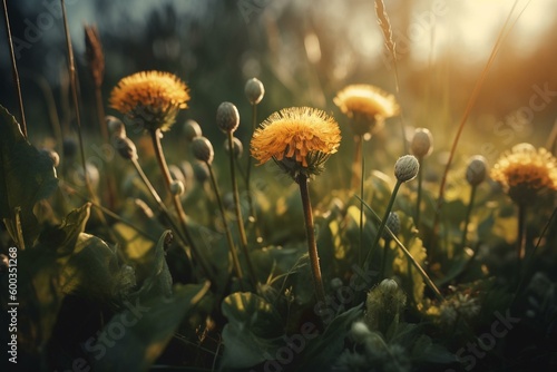 Full-grown dandelions against blurred backdrop. Generative AI