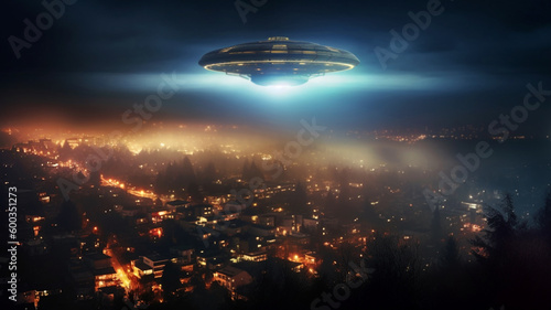 Unbekanntes Flugobjekt über einer Stadt. Fotorealistische UFO Illustration, KI generiert