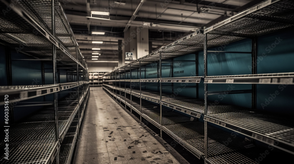 Fototapeta premium Lack of Goods. Barren Shelves. Empty Grocery Store. AI generated