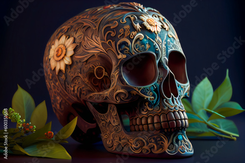  Decorated colorful skull. Day of dead, Mexico. Generative AI.