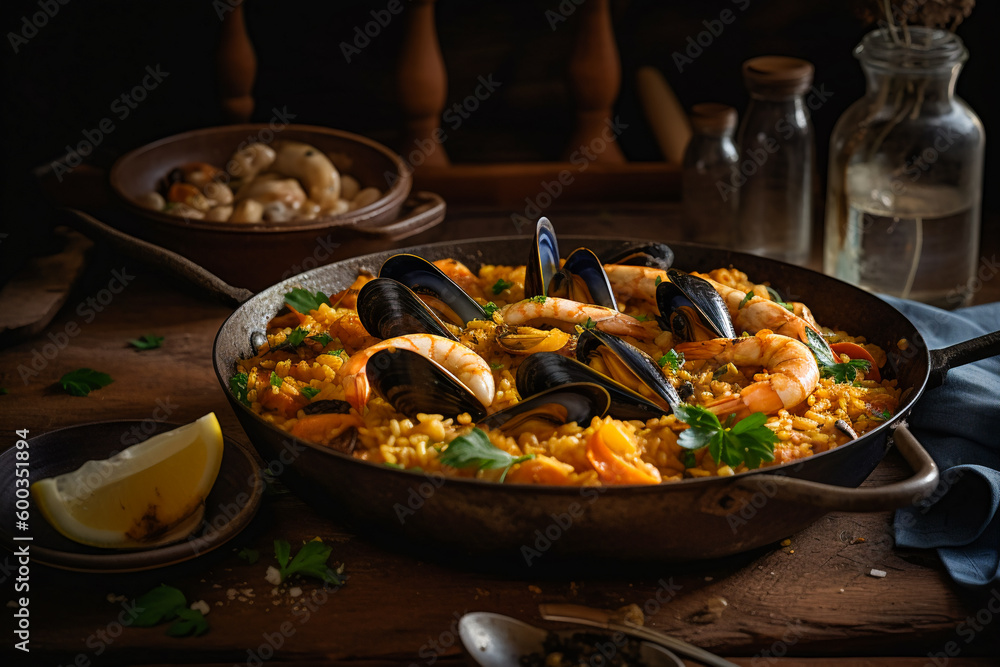Delectable and savory seafood paella. AI Generated