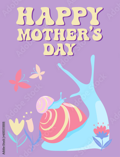 Cute design for greeting card for Mother's day. Hand drawn snails, flowers and butterflies in candy colors.  © Yulia