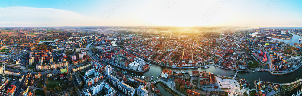 Obraz premium Aerial view of Gdansk city in Poland. Historical center in old town in european city. Panoramic view of modern european city