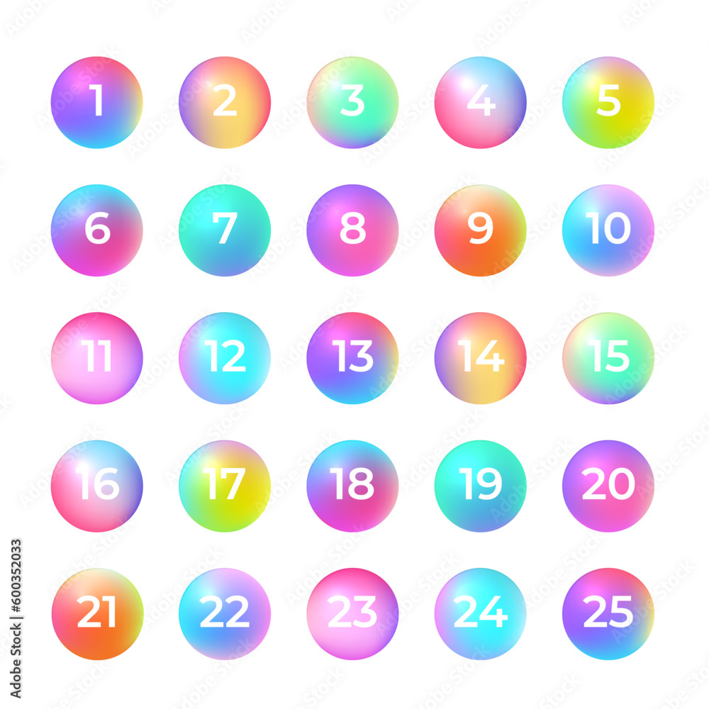 Number bullet points 1 to 25. Trendy gradient 3d markers vector collection Number bullet points 1 to 25. Trendy gradient 3d markers vector collection