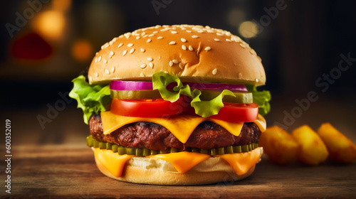 A burger decorated with vegetables and cheese. AI Generated