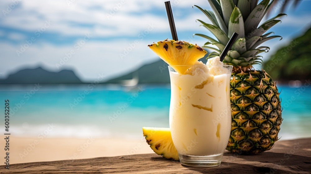 Refreshing tropical fruit juice drink pineapple cocktail at summer ...