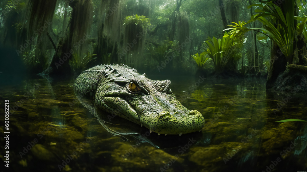Obraz premium Beauty in the Beast. Alligator's Elegance in the Murk. Generative AI.Generative AI