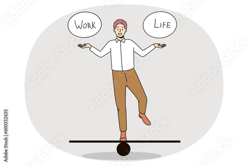 Happy businessman keep balance on board between work and personal life. Smiling successful male manager or employee perfect job and lifestyle scheme. Cartoon character, vector illustration.