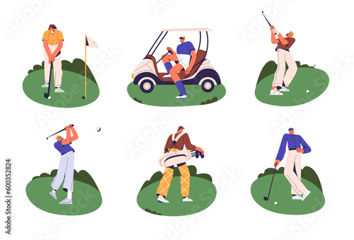People golfers playing golf with balls, clubs, putters, bag, car cart, holes on grass field. Leisure sport, game on lawn on summer holiday. Flat vector illustrations isolated on white background
