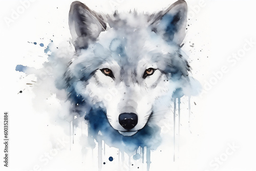 Watercolor colorful art portrait of wolf isolated on white background. Generative AI illustration.