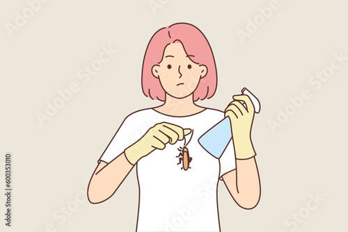 Embarrassed woman holding cockroach and spray bottle with insecticide or pest control