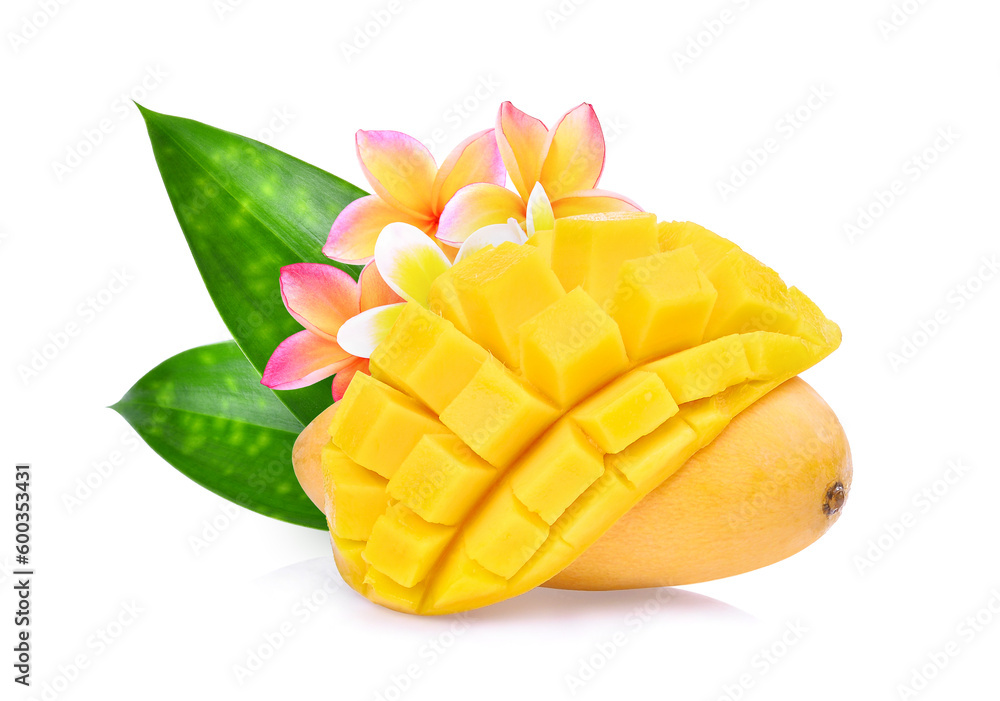 ripe mango with green leaf isolated on white background ripe mango with green leaf isolated on white background