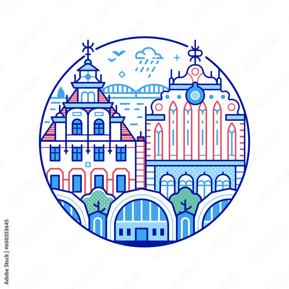 Fototapeta premium Travel Riga Circle Icon in Line Art
