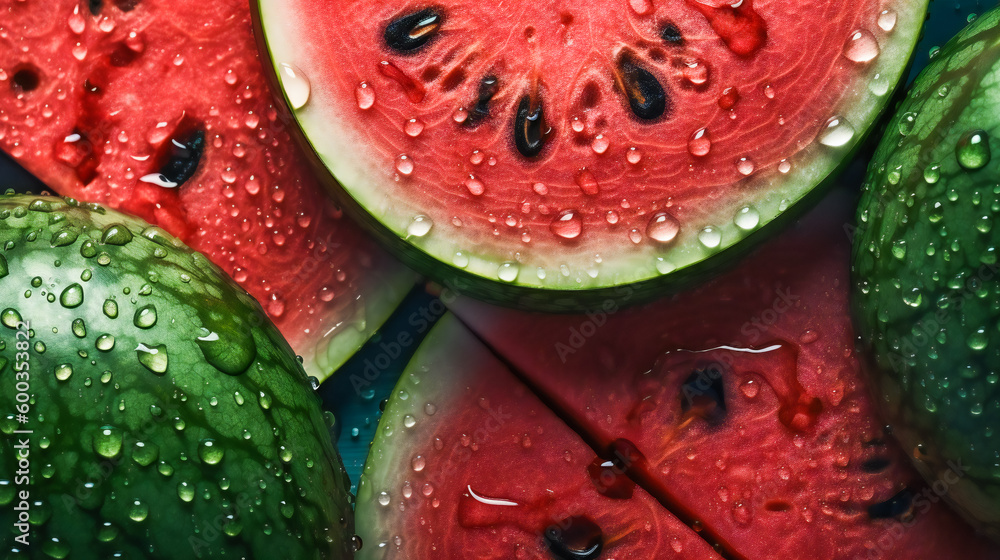 Juicy Watermelon Background with Sparkling Water Drops. Top Down Shot. Generative AI Juicy Watermelon Background with Sparkling Water Drops. Top Down Shot. Generative AI