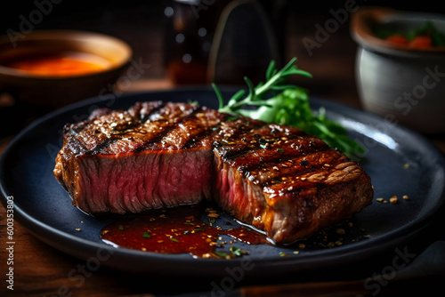 Juicy grilled steak. Barbecue. AI generated