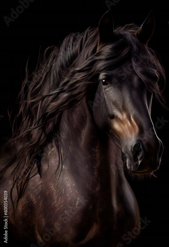 Magnificent Horse in a Stylishly Dark Photo.  Generative AI © EwaStudio