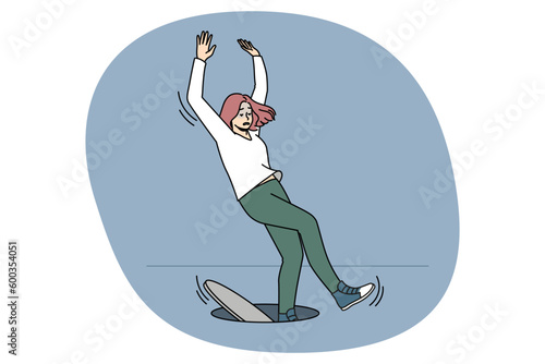 Clumsy unlucky woman fall in open hatch feel scared distressed with unpleasant accident. Female dangerous event or misfortune outdoors. Concept of risky affair or failure. Vector illustration.