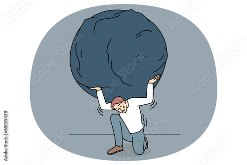 Stressed man carry heavy stone on shoulder overwhelmed with problem or task. Unhappy person hold rock or boulder suffer with overwork and responsibility. Burden concept. Vector illustration.
