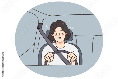 Tired young woman driving car feeling unwell suffer from health problems. Exhausted female driver struggle with depression or burnout, have physical or mental issues. Vector illustration.