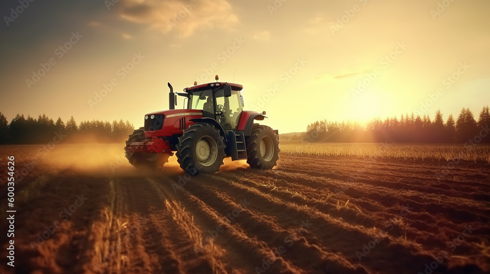 Agricultural vehicle works at sunset in countryside, banner, ai genrative - obrazy, fototapety, plakaty 