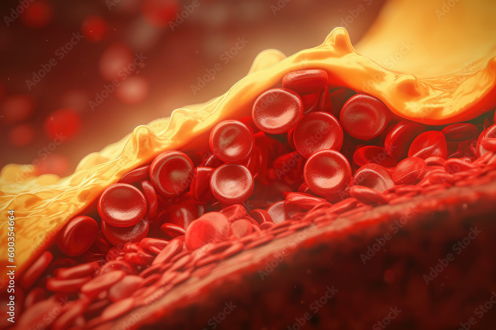 clogged arteries with cholesterol plaque, artery with blood flow