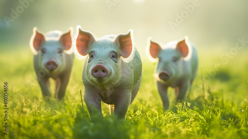 Pigs graze on farm in countryside. Pig is feeding on the green meadow. AI Generated