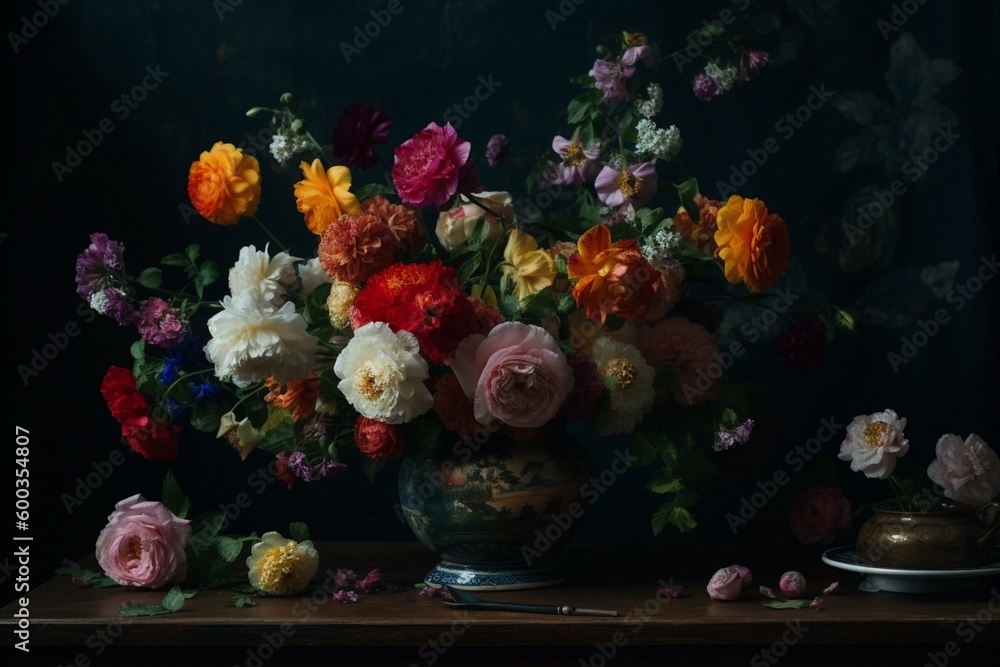 A still life painting of colorful flowers in a vase on a table against a dark backdrop with a green wall in the distance and a black frame. Generative AI