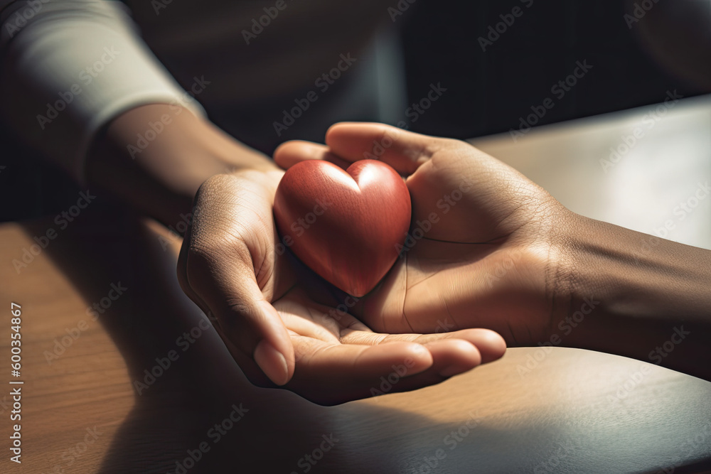 two people holding a heart togehther, symbolizing empathy, compassion, and the importance of treating others with love and respect - obrazy, fototapety, plakaty 