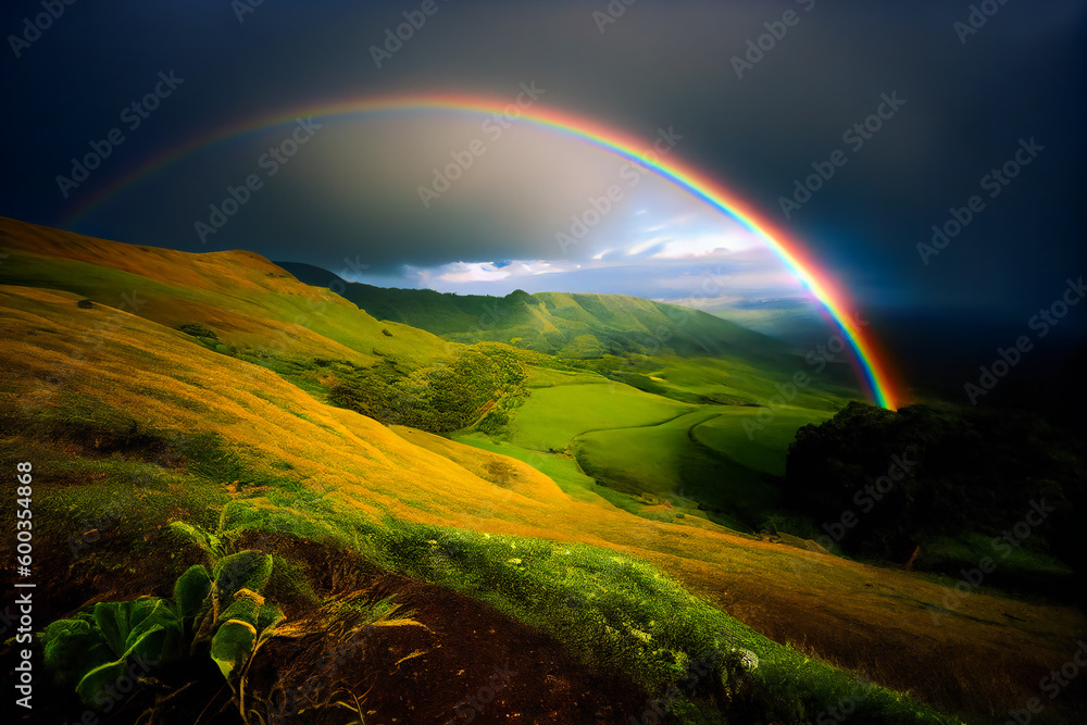 Naklejka premium Lush Overlook. A Picturesque Rainbow Scenery on a Beautiful Hill. Generative AI