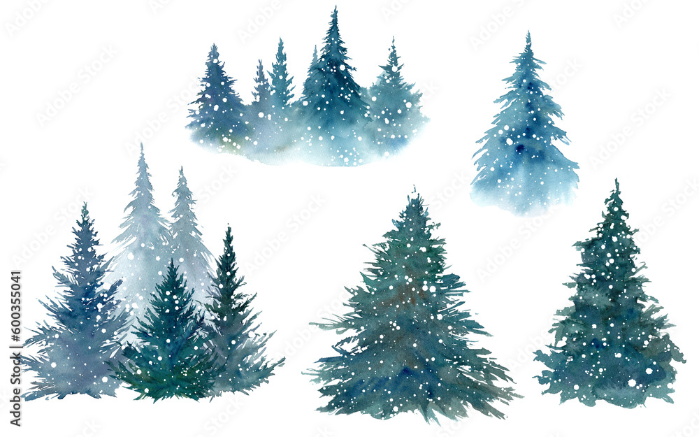 雪降る森林の水彩イラスト。針葉樹のアソート。