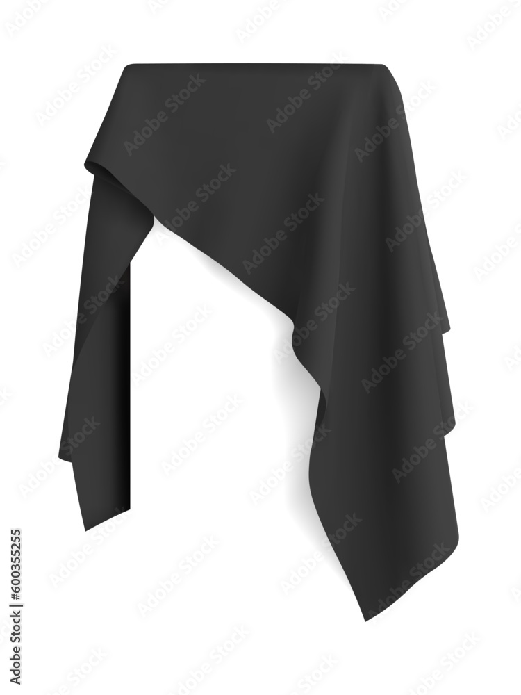 Black fabric covering a blank template for mobile phone, painting, or any other rectangular object or your design. Concept of new release, unveiling. Vector illustration, isolated on white - obrazy, fototapety, plakaty 