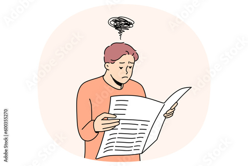 Confused man reading newspaper feeling unsure about news. Skeptical doubtful guy unhappy about disinformation and propaganda in printed media. Vector illustration.