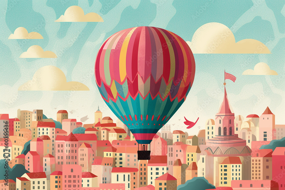 A whimsical illustration of a hot air balloon flying above a cityscape, with the colorful balloon adorned with patterns and designs that reflect the city's culture and landmarks