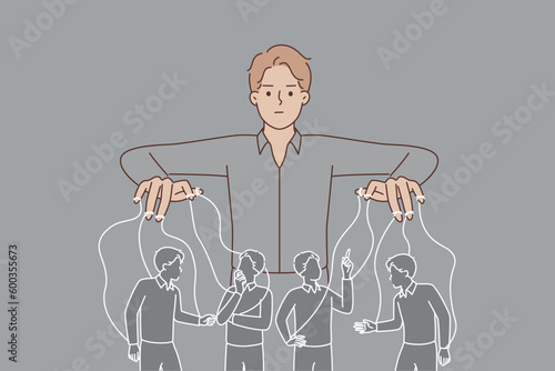 Man puppeteer manipulates people by controlling population with help of threads.
