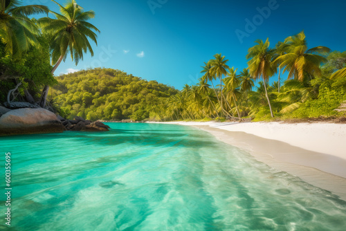Tropical beach with turquoise water, white sand, and palm trees. AI Generated