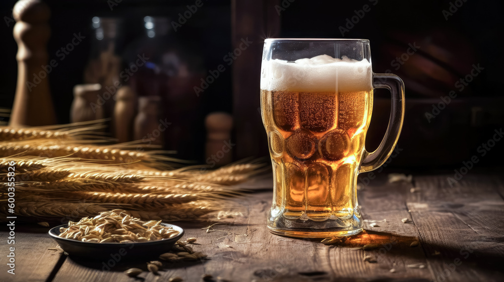 Glass of beer with wheat on wooden background. Ai generated Glass of beer with wheat on wooden background. Ai generated