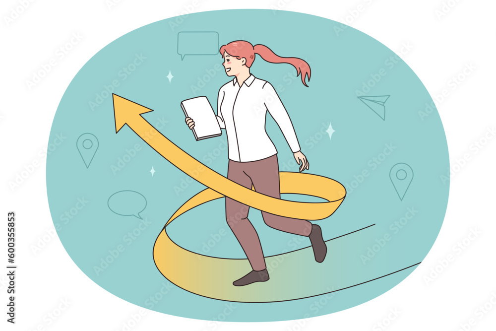 Motivated businesswoman run on arrow strive to business or career goal. Happy female employee or worker motivated for job opportunities. Business development and growth. Vector illustration. Motivated businesswoman run on arrow strive to business or career goal. Happy female employee or worker motivated for job opportunities. Business development and growth. Vector illustration.
