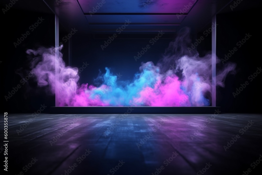 frame blue background room space rays neon light abstract fog smoke. Generative AI.