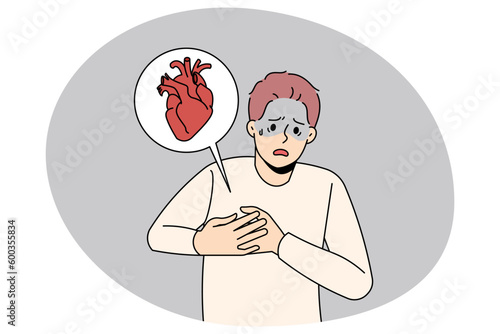 Unwell man feel sick suffer from heart stroke. Sick unhappy guy touch upper chest having cardiovascular problems need doctor help. Healthcare and medicine. Vector illustration.