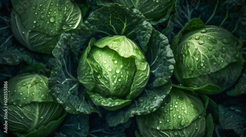 Water Droplets on Cabbage Leaves. Generative AI