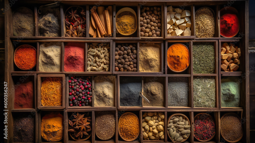 variety of most most popular spices in a wooden box. Ai Generated - obrazy, fototapety, plakaty 