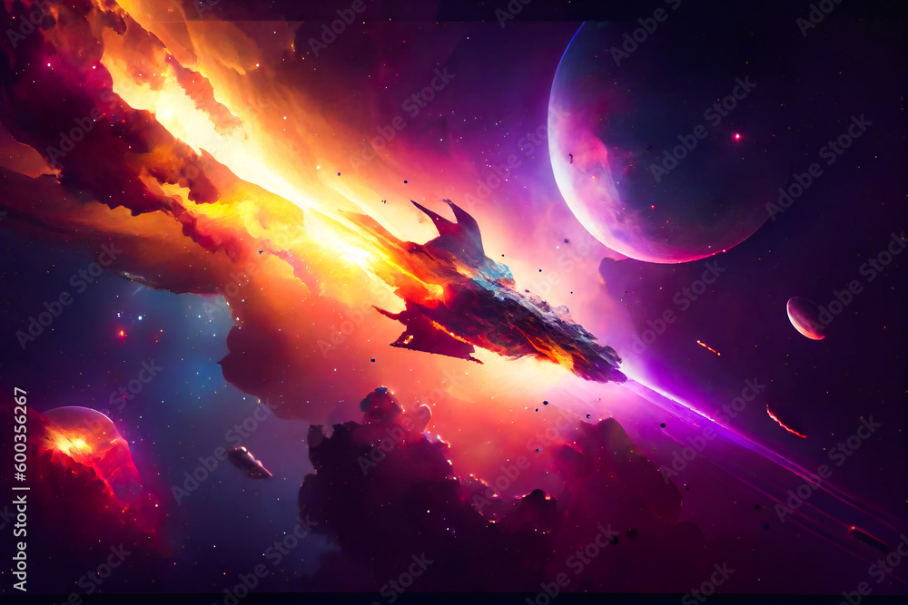 Interstellar journey through a colorful nebula with spaceship, stars and planet.  Generative AI